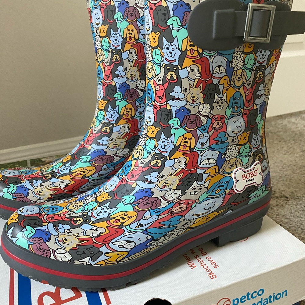 Rain boots by Bobs from Skechers. Multi color dog pattern size 9